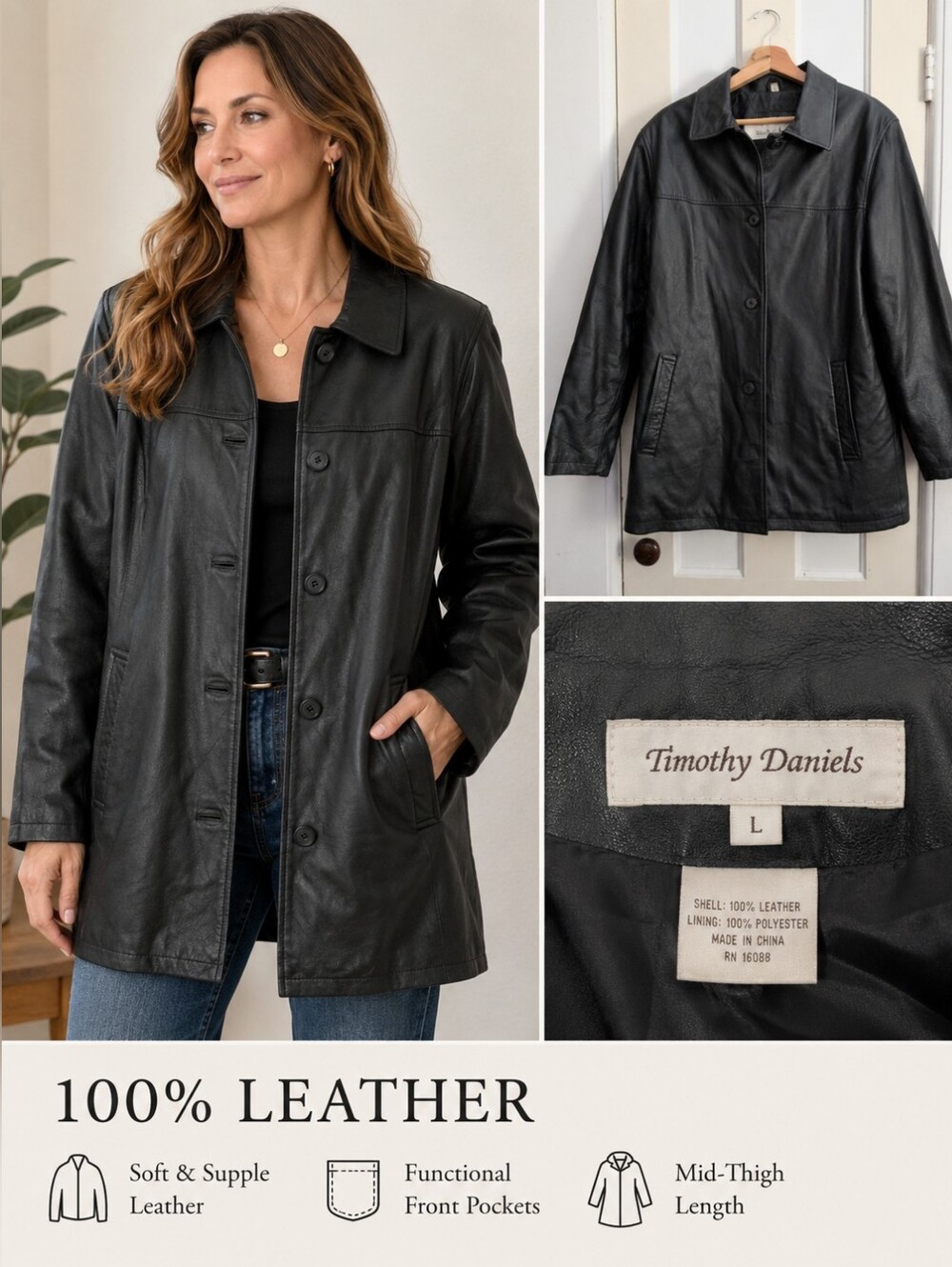 Timothy Daniels Women's Black 100% Leather Jacket Large Mid-Length Classic